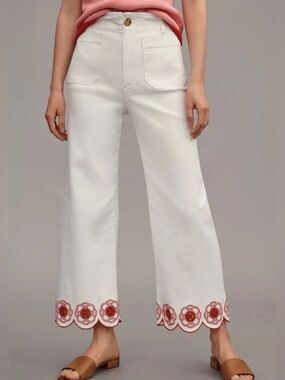 MAEVE Jeans Colette NEW Wide Leg Scalloped Embroidered Floral Hem White Red 24P